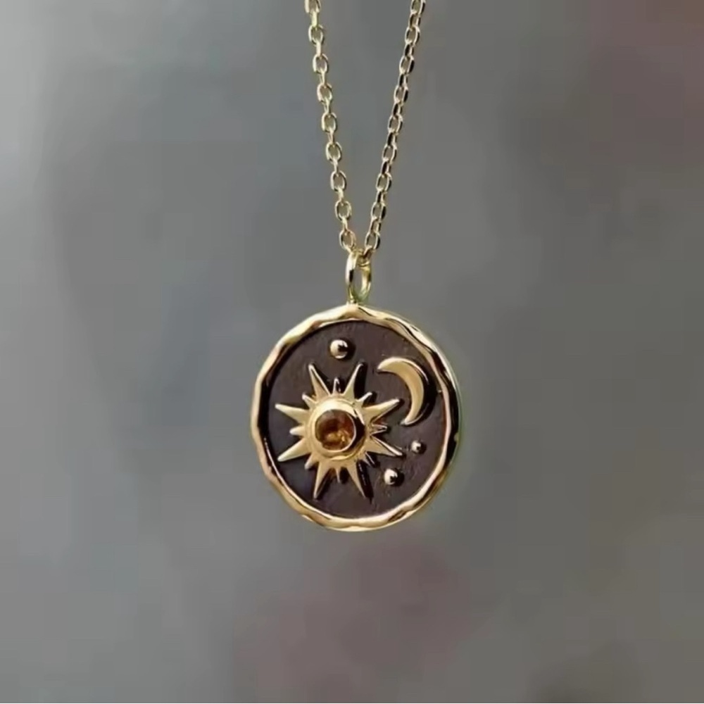 18K Gold Sun And Moon Medallion Pendant With Amber Gemstone Inlay